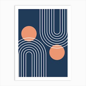 Mid Century Modern Geometric In Navy Blue And Peach (Rainbow And Sun Abstract) Art Print