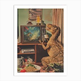 Dinosaur Watching Tv Retro Collage Art Print