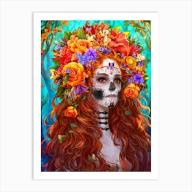 Illustration Of A Girl Floral Skeleton Wreath Entwined With Cascading Curls Vibrant Flower Species Art Print