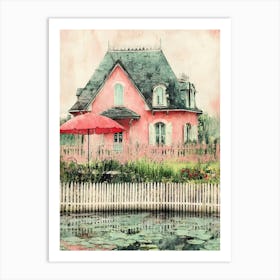 Pink Cottage By The Pond Art Print