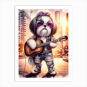 Shih Tzu Dog Guitarist Art Print