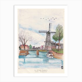 Haarlem Netherlands Watercolor Art Print - Windmill Wall Decor - Dutch Windmill Illustration - Netherlands Landscape Print Art Print