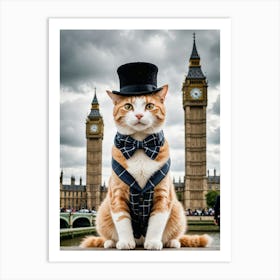 Feline Footsteps: Iconic Landmarks Captured Cat in London Big Ben Art Print