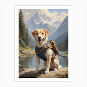 Dog with A Backpack Mountain Painting Art Print