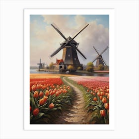 Vintage Windmills And Tulips Flower Painting Art Print