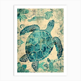Floral Sea Turtle Wallpaper Style 4 Art Print