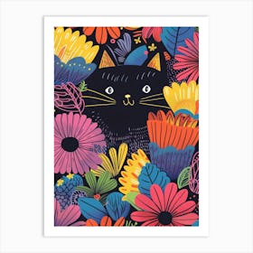 Black Cat With Flowers 11 Art Print