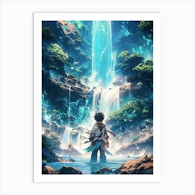 Boy In Front Of A Waterfall Art Print