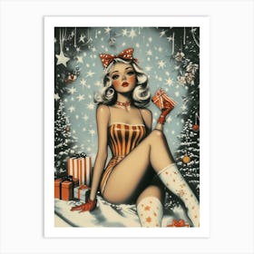 Pin Up Girl Christmas Painting Snow Tree Presents Gifts Holiday Art Print