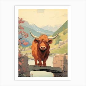 Sweet Animated Highland Cow On The Bridge Art Print
