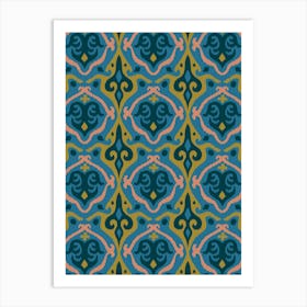 JAVA Boho Ikat Woven Texture Style in Exotic Green Dark Teal Blush Sand on Blue Art Print