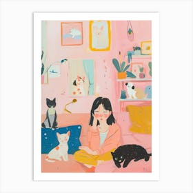 Girl Cat Lover Lo Fi Kawaii Illustration 2 Art Print