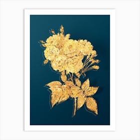 Vintage Noisette Roses Botanical in Gold on Teal Blue n.0157 Art Print