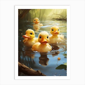 Animated Ducklings Swimming In The River 5 Art Print