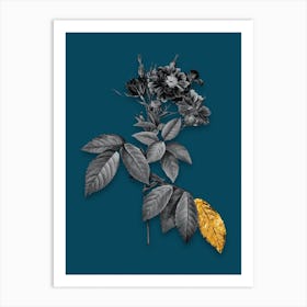 Vintage Boursault Rose Black and White Gold Leaf Floral Art on Teal Blue n.0149 Art Print