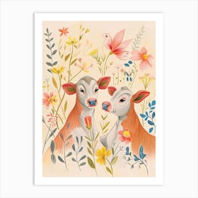 Folksy Floral Animal Drawing Cow 3 Art Print