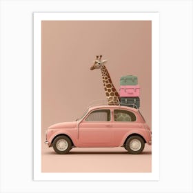 Giraffe On A Pink Car Art Print