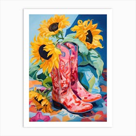 Oil Painting Of Sunflower Flowers And Cowboy Boots, Oil Style 1 Art Print