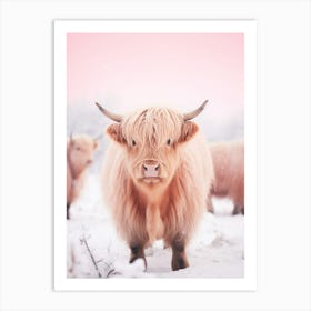 Highland Cow In The Snow Realistic Pink Photography 1 Art Print