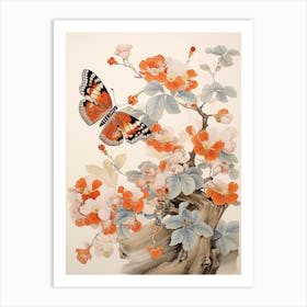Japanese Style Painting Of A Butterfly With Flowers 7 Art Print