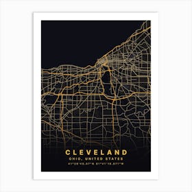 Cleveland Ohio USA Black And Gold Map Art Print