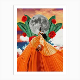Dance Goddess Sunset Moon Collage Orange Art Print