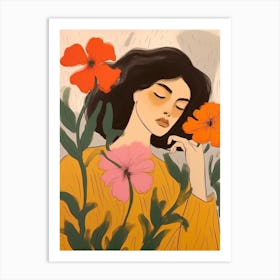 Woman With Autumnal Flowers Petunia 1 Art Print