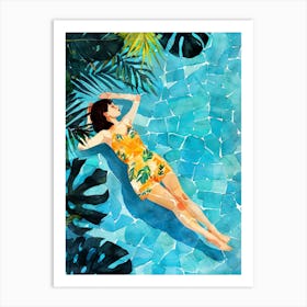 Watercolor Tropical Girl In Swimsuit Art Print