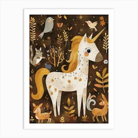 Unicorn In The Meadow With Abstract Woodland Animal Friends Muted Pastel 1 Art Print