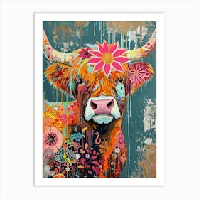 Kitsch Colourful Highland Cow 2 Art Print