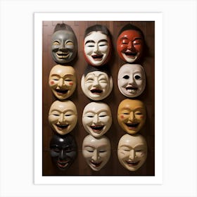 Noh Masks Japanese Style Illustration 16 Art Print