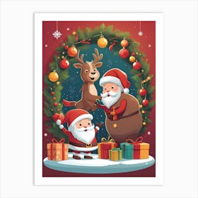 Christmas Santa And Reindeer Art Print