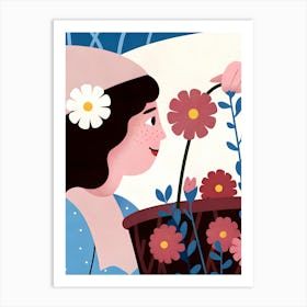 Woman Girl With Flowers Basket Art Print