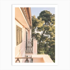 Puglia, Italy I Baroque roman architecture of coastal italian pink villa surrounded by pine trees with a minimalist geometric photography composition in pastel aesthetic light of sunset sunrise Art Print