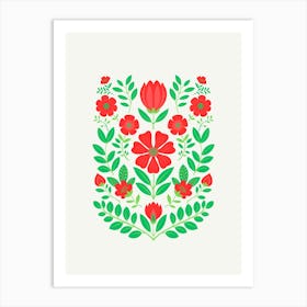 Floral Still Life, Red and Green Flowers Art Print