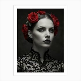 Gothic Girl With Red Roses Art Print