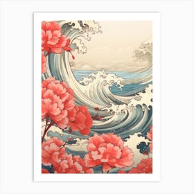 Great Wave With Geranium Flower Drawing In The Style Of Ukiyo E 2 Art Print