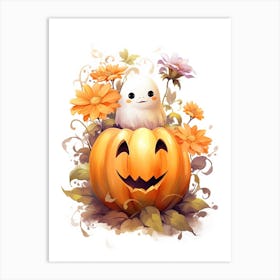 Cute Ghost With Pumpkins Halloween Watercolour 38 Art Print