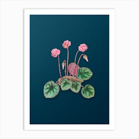 Vintage Shore Cyclamen Flower Botanical Art on Teal Blue n.0514 Art Print