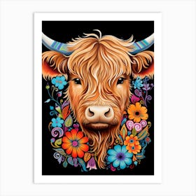 Floral Digital Portrait Of Highland Cow Art Print
