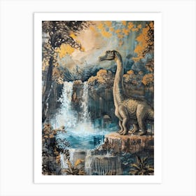Dinosaur By A Waterfall Painting 1 Art Print