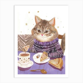 Brown Cat Having Breakfast Folk Illustration 2 Art Print