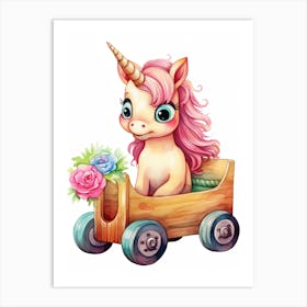 Baby Unicorn On A Toy Car, Watercolour Nursery 2 Art Print