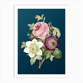 Vintage Anemone Rose Botanical Art on Teal Blue n.0867 Art Print