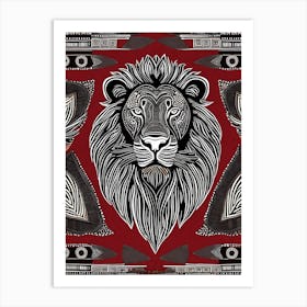 African Quilting Inspired Art of Lion Folk Art, Poetic Red, Black and white Art, 1216 Art Print