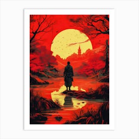 Japan Warrior Samurai Sunset Painting Art Print