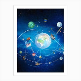 Abstract Digital Painting Featuring An Interconnected Web Of Telecom Cables And Satellites Symbolizi (7) Art Print