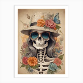 Vintage Floral Skeleton With Hat And Sunglasses (45) Art Print