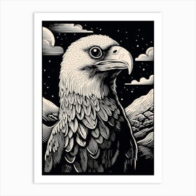 B&W Bird Linocut Crested Caracara 2 Art Print