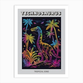 Neon Dinosaur With Palm Trees Line Illustration Poster Art Print